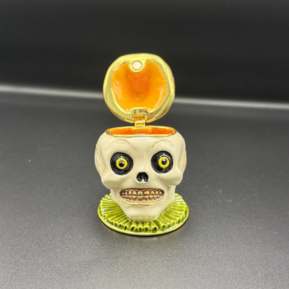 Halloween Skull Witch Hat Enamel Trinket Box Crystal Accents Hinged Collectible - Picture 4 of 7